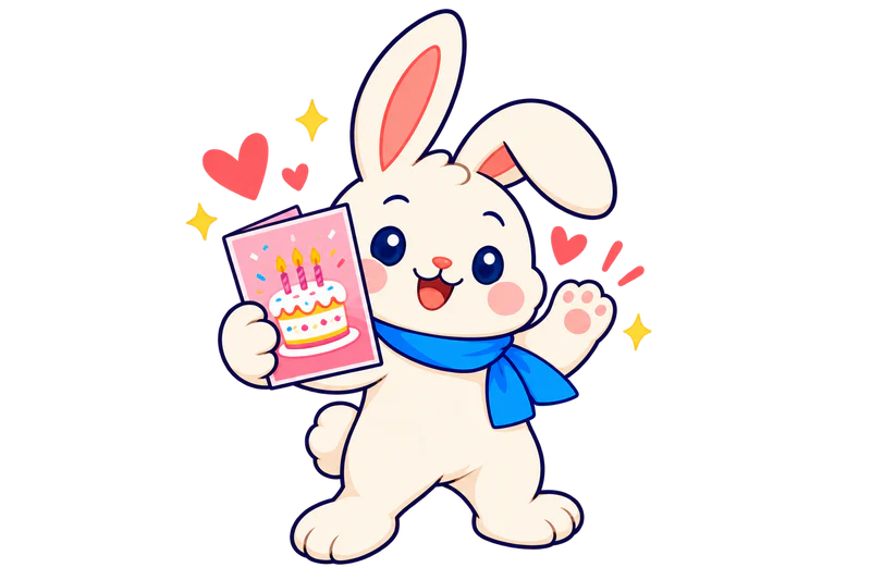 CardBunny’s bunny holding a birthday ecard and waving
