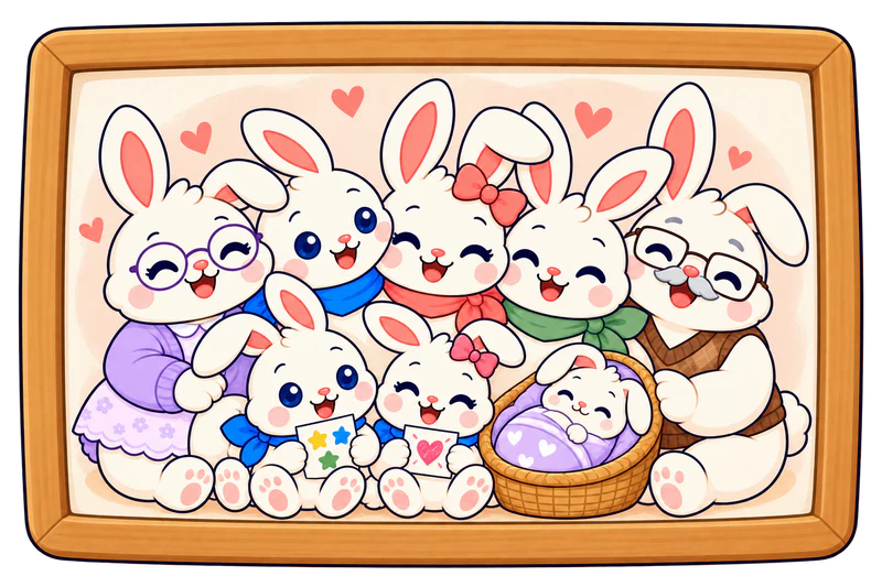 Όλη η οικογένεια Bunny μαζί σε μια ξύλινη κορνίζα.